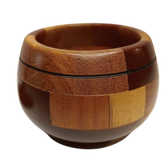 Vintage Round Inlaid Wooden Bowl Trinket  Dish With Lid MCM Parquetry 3.5"x3.5" - Picture 6 of 11